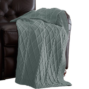 Creuse Cable Knitted Cotton Throw with Diamond Pattern , Olive Green