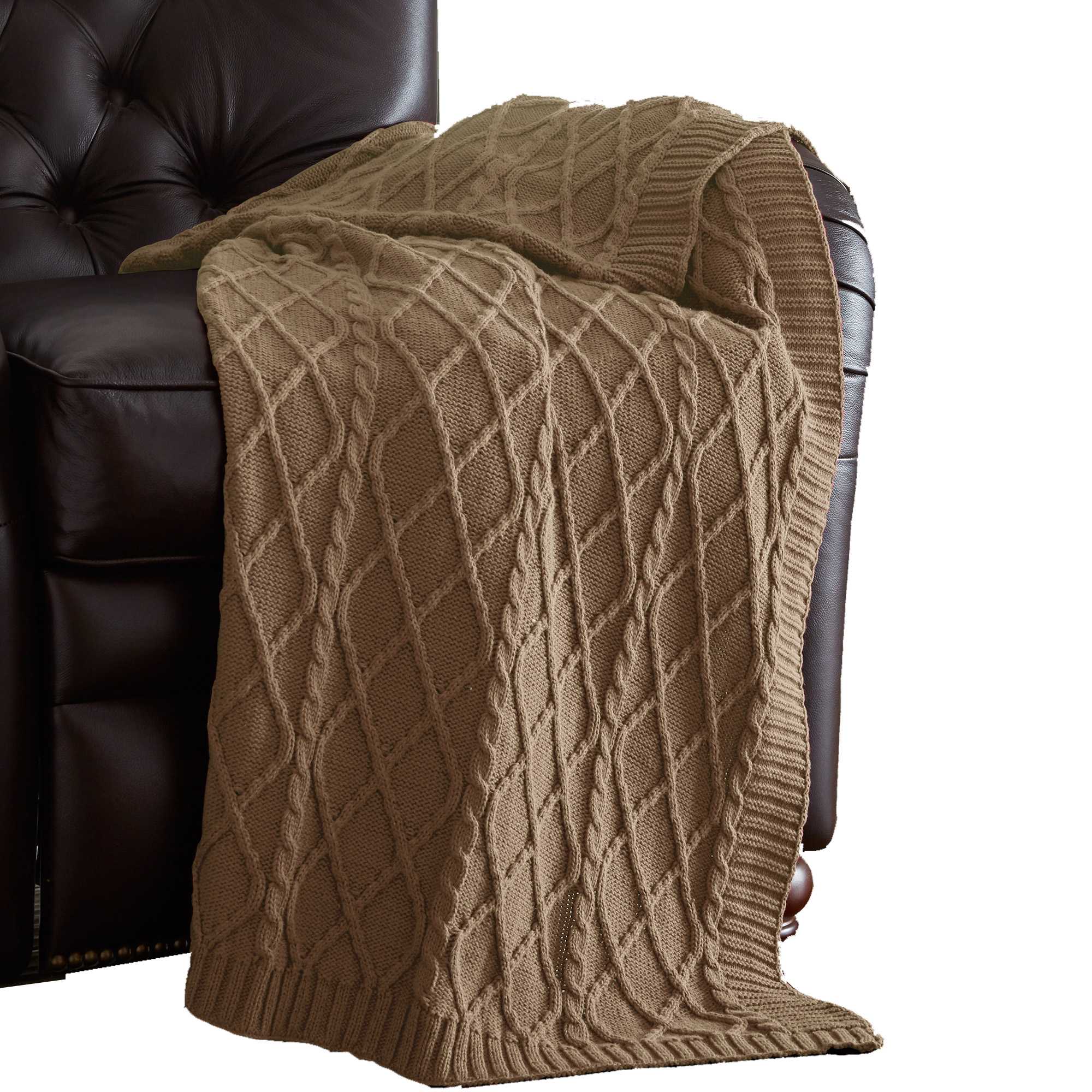 Creuse Cable Knitted Cotton Throw with Diamond Pattern , Brown