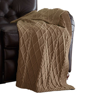 Creuse Cable Knitted Cotton Throw with Diamond Pattern , Brown