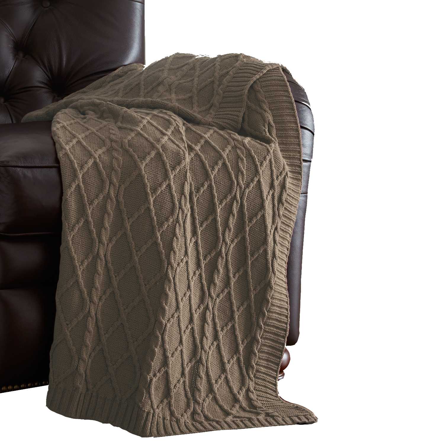Creuse Cable Knitted Cotton Throw with Diamond Pattern , Taupe Brown