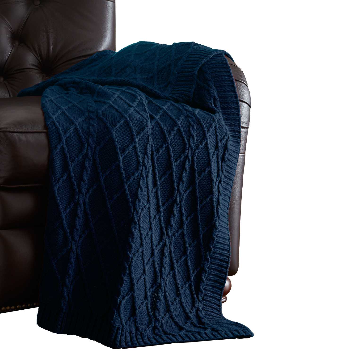 Creuse Cable Knitted Cotton Throw with Diamond Pattern , Teal Blue