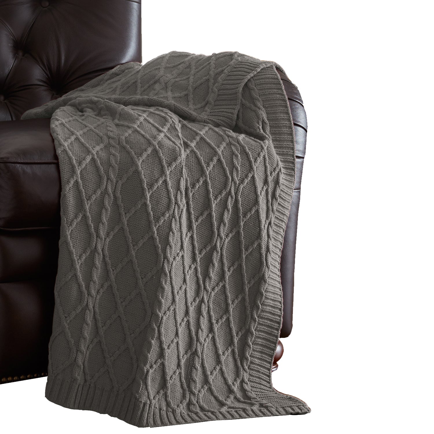 Creuse Cable Knitted Cotton Throw with Diamond Pattern , Gray
