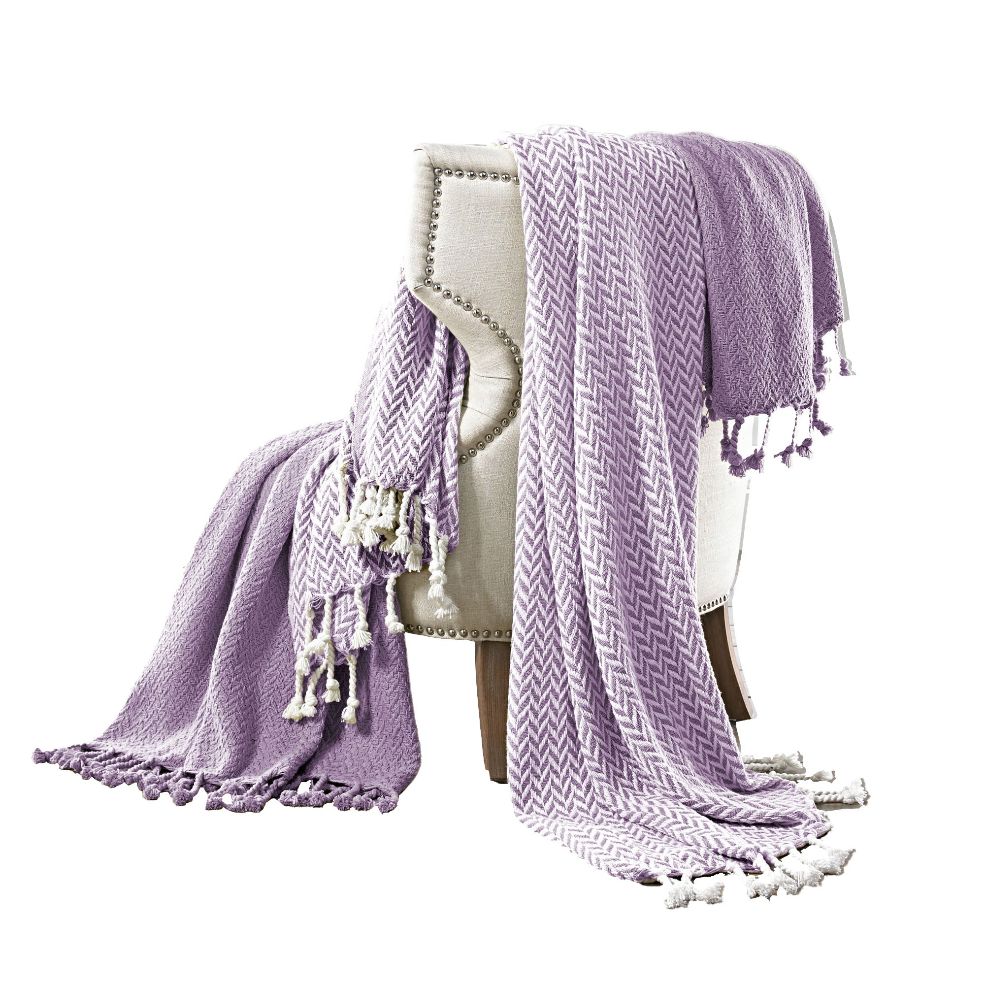 Montgeron Herringbone Cotton Throw , Set of 2, Purple and White