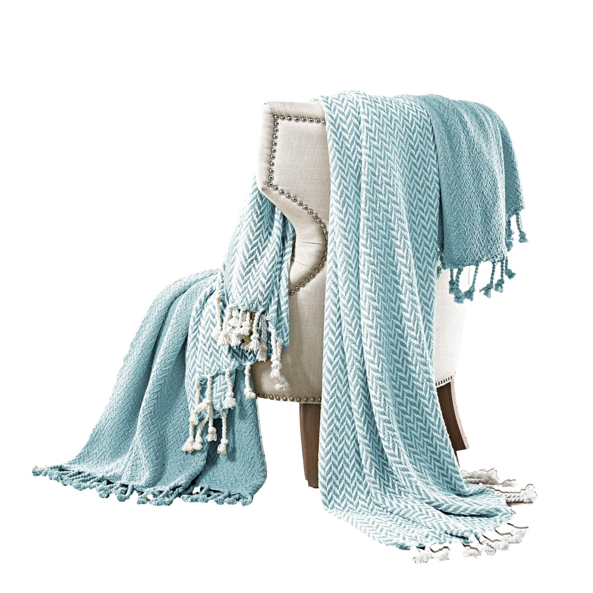 Montgeron Herringbone Cotton Throw , Set of 2, Aqua Blue and White