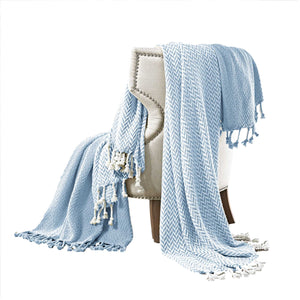 Montgeron Herringbone Cotton Throw , Set of 2, Denim Blue and White