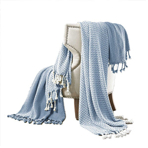 Calabria Herringbone Cotton Throw , Set of 2, Blue and White