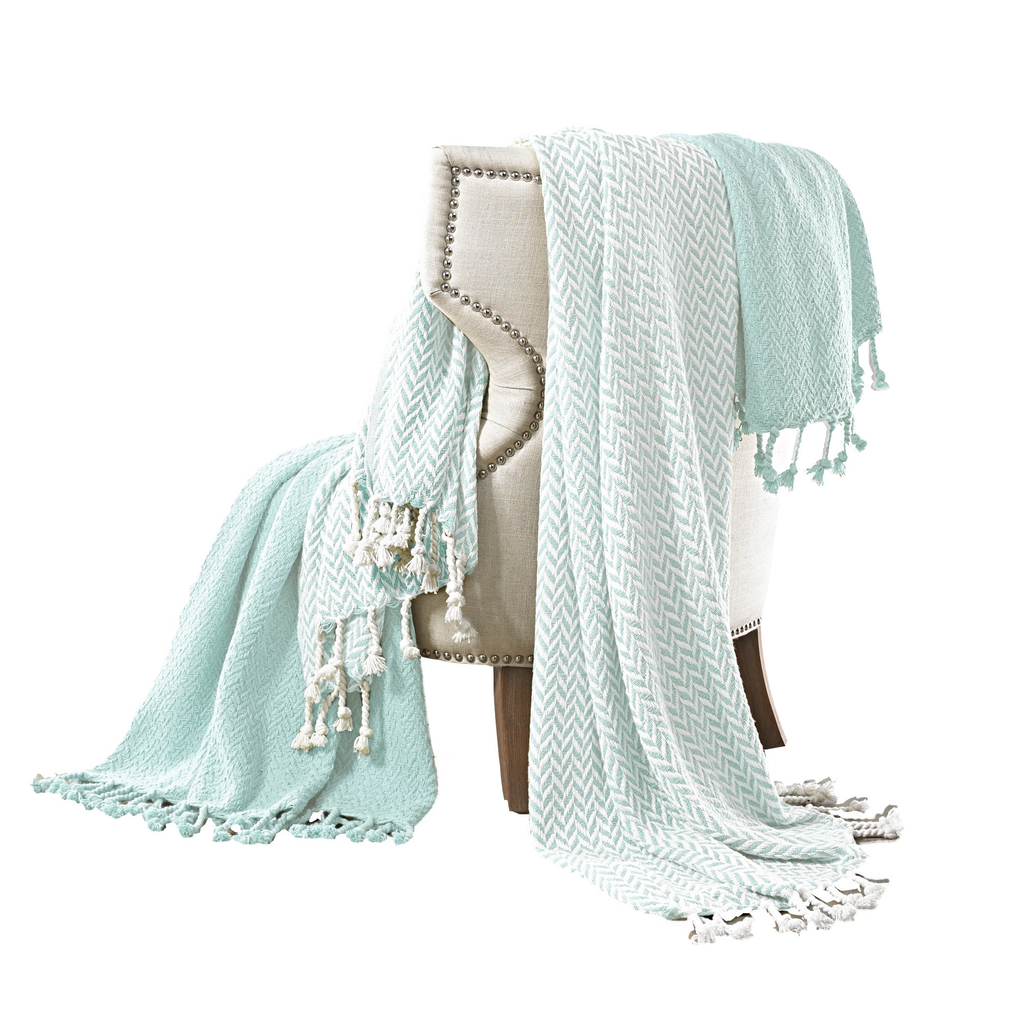 Calabria Herringbone Cotton Throw , Set of 2,  Sky Blue and White