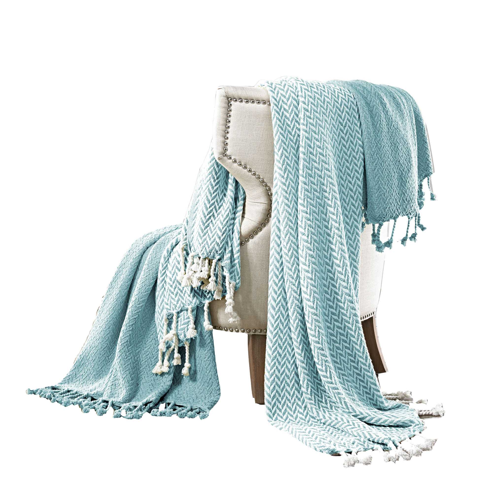 Calabria Herringbone Cotton Throw , Set of 2, Aqua Blue and White