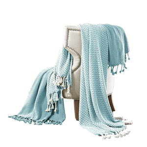 Calabria Herringbone Cotton Throw , Set of 2, Aqua Blue and White