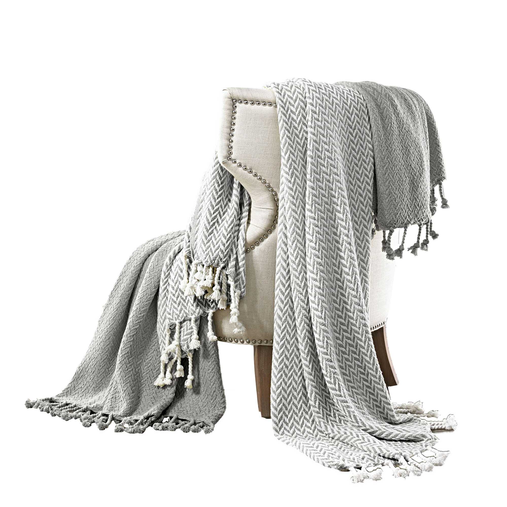 Calabria Herringbone Cotton Throw , Set of 2, Gray and White