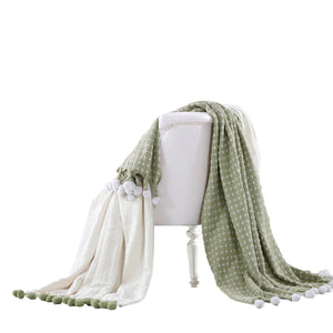 Verona Cross Stitched Cotton Throw , Set of 2, Green and White