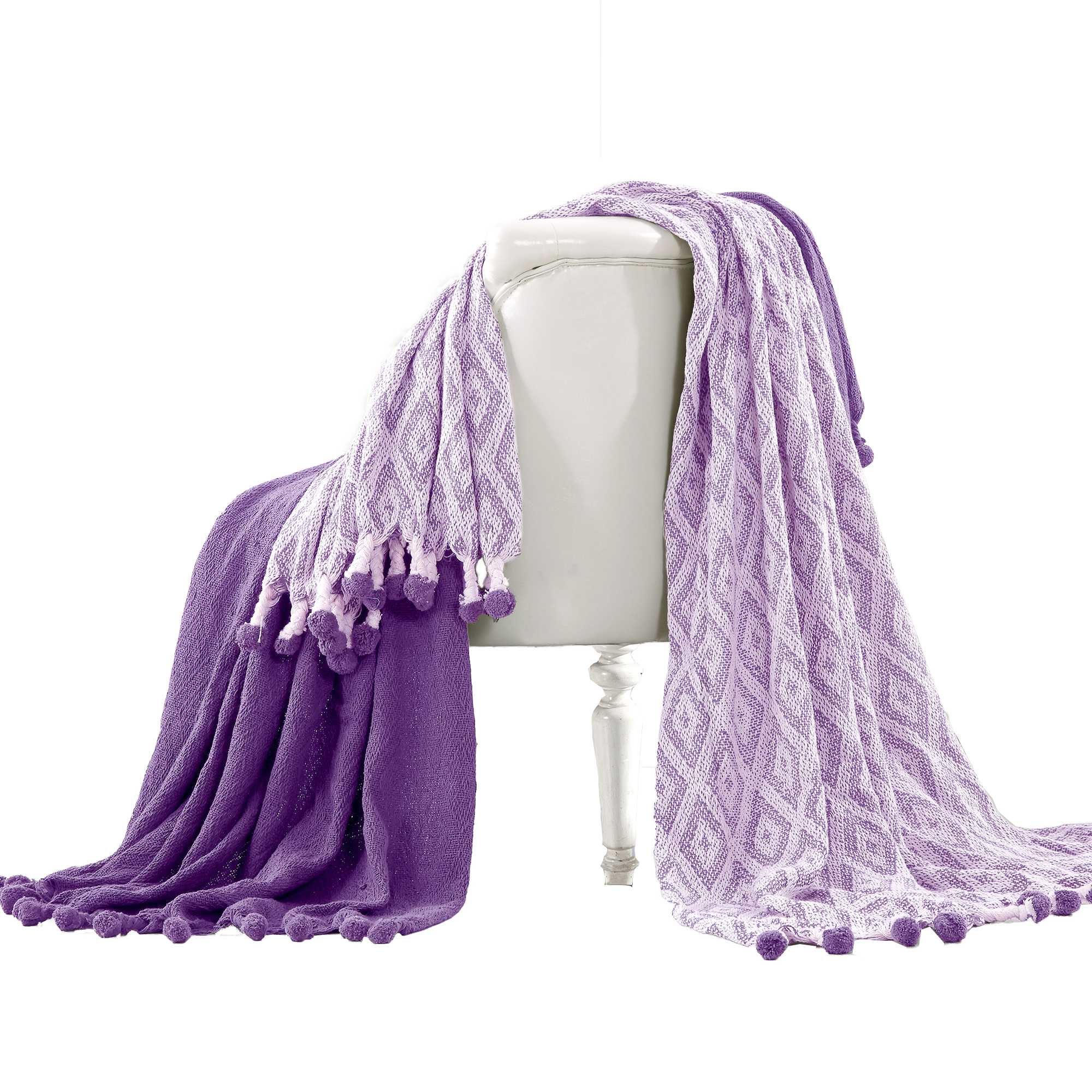 Orleans Cotton Throw with Diamond Maze , Set of 2, Purple and White