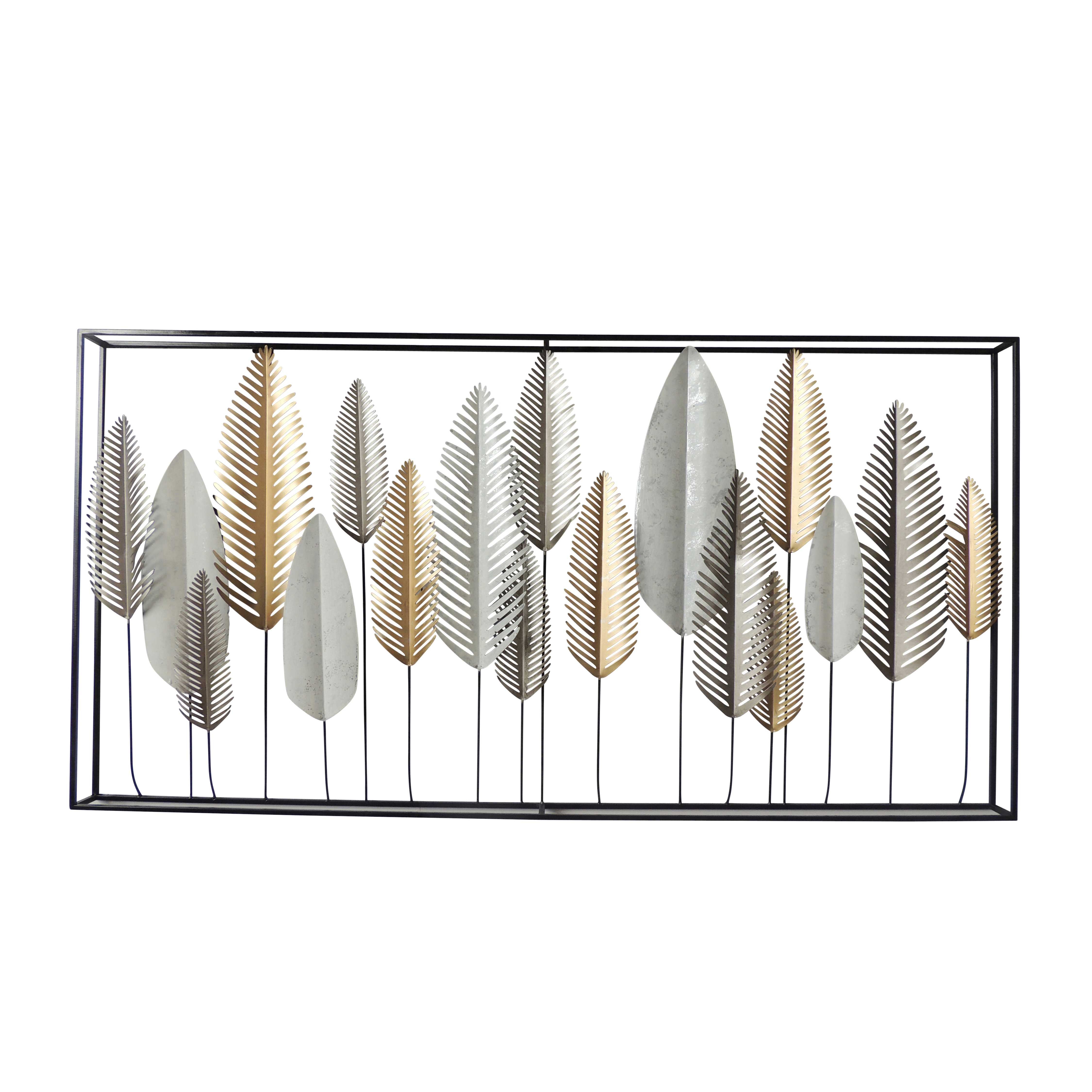 Rectangular Metal Wall Decor with Leaf Pattern, Brown and Gray