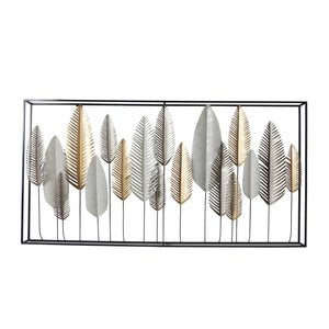 Rectangular Metal Wall Decor with Leaf Pattern, Brown and Gray