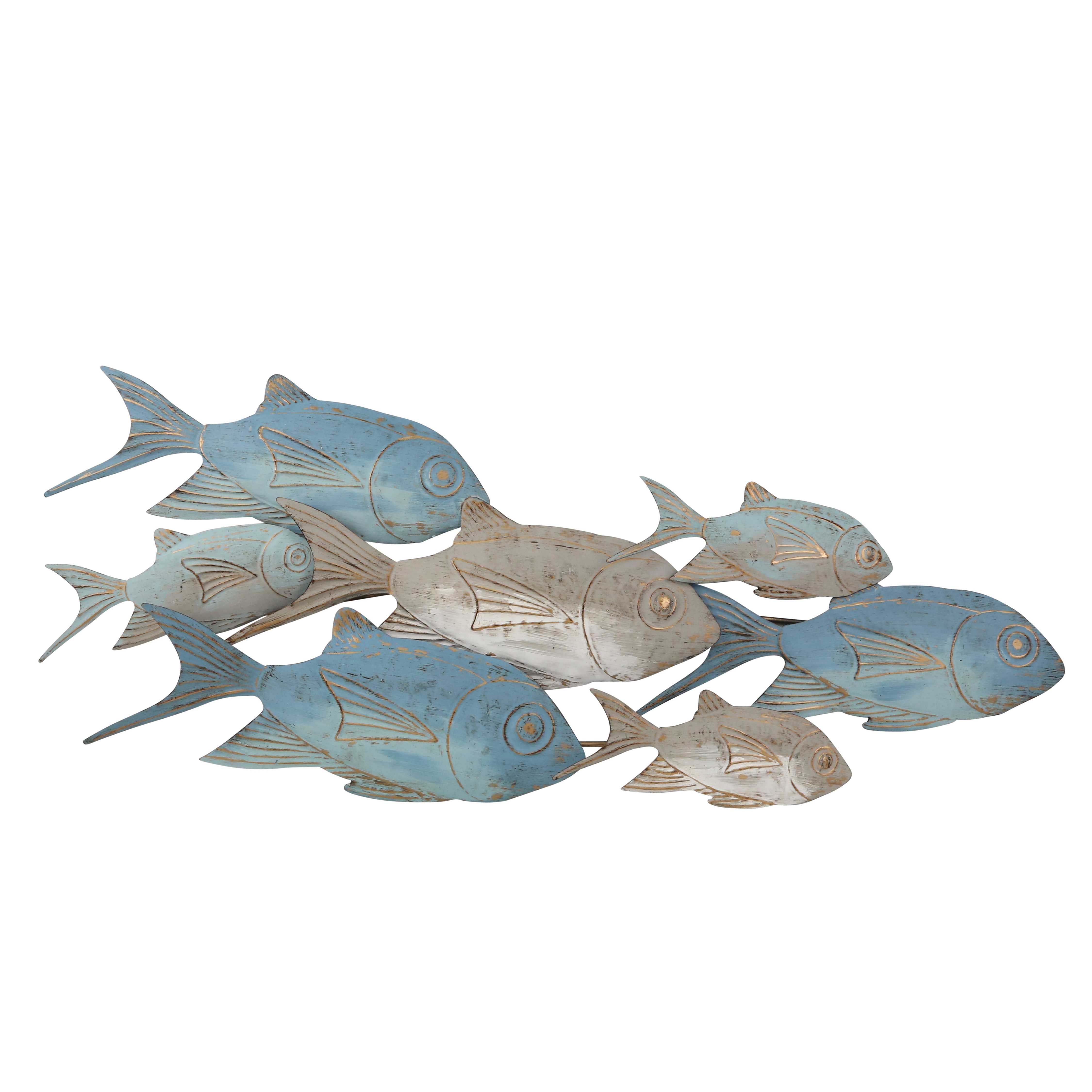 Metal Wall Decor with Multiple Swimming Fishes, Gray and Blue