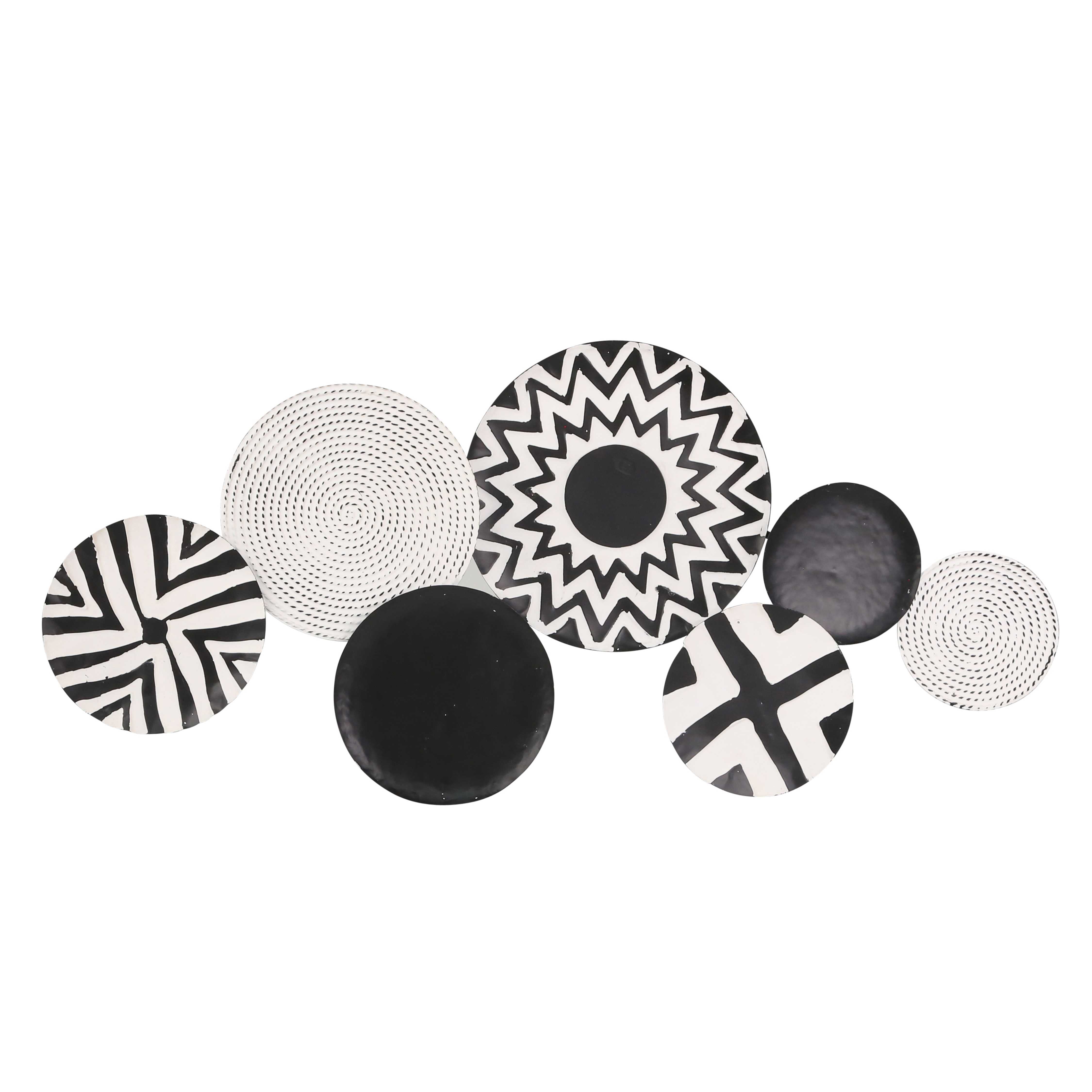 Metal Wall Decor with Disc Shape and Tribal Look,Small,White and Black