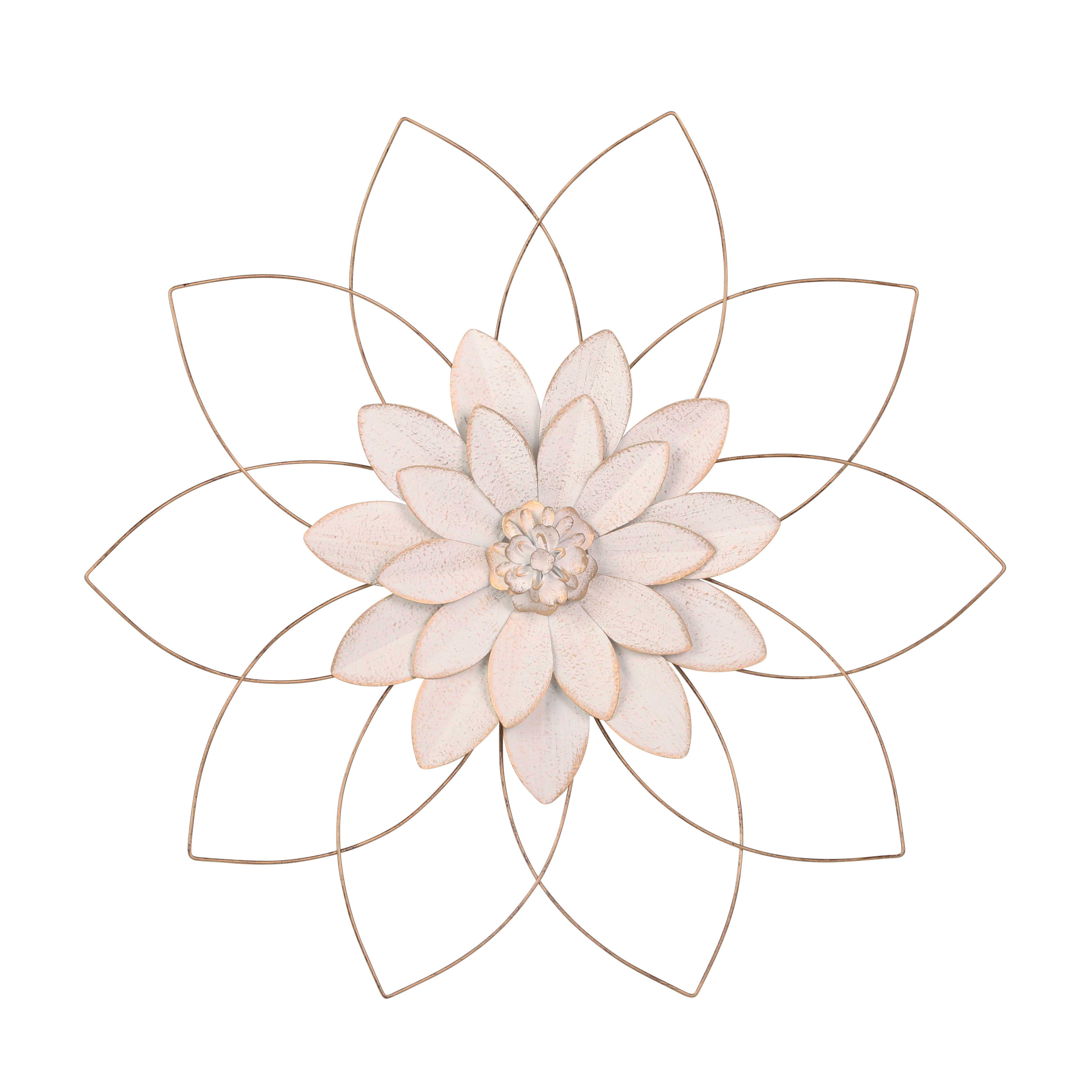 Contemporary Metal Wall Decor with Flower Design, Pink and Gold