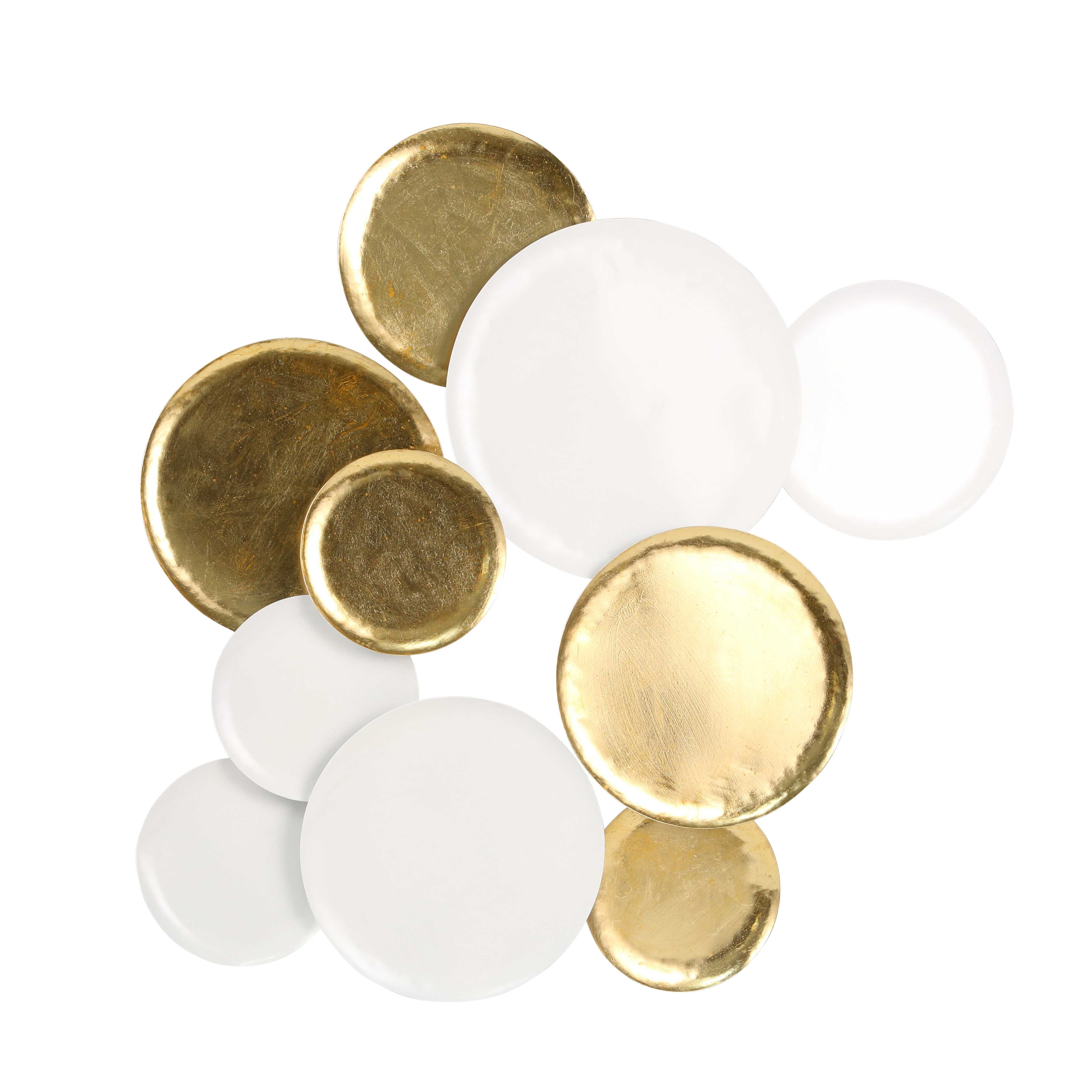 Metal Rounded Wall Decor with Irregular Sizes, White and Gold