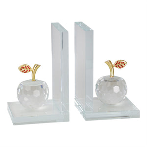 Glass Made Apple Statuette Bookend, Pair of 2, Clear and Gold