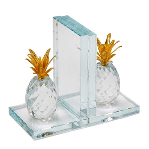 Glass Made Crystal Pineapple Bookend, Pair of 2, Gold and Clear