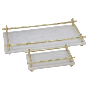 Rectangular Marble Tray with and Metal Handle, Set of 2,White and Gold