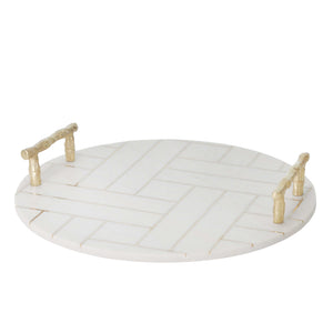 Marble Tray with Geometric Details and Metal Handle, White and Gold