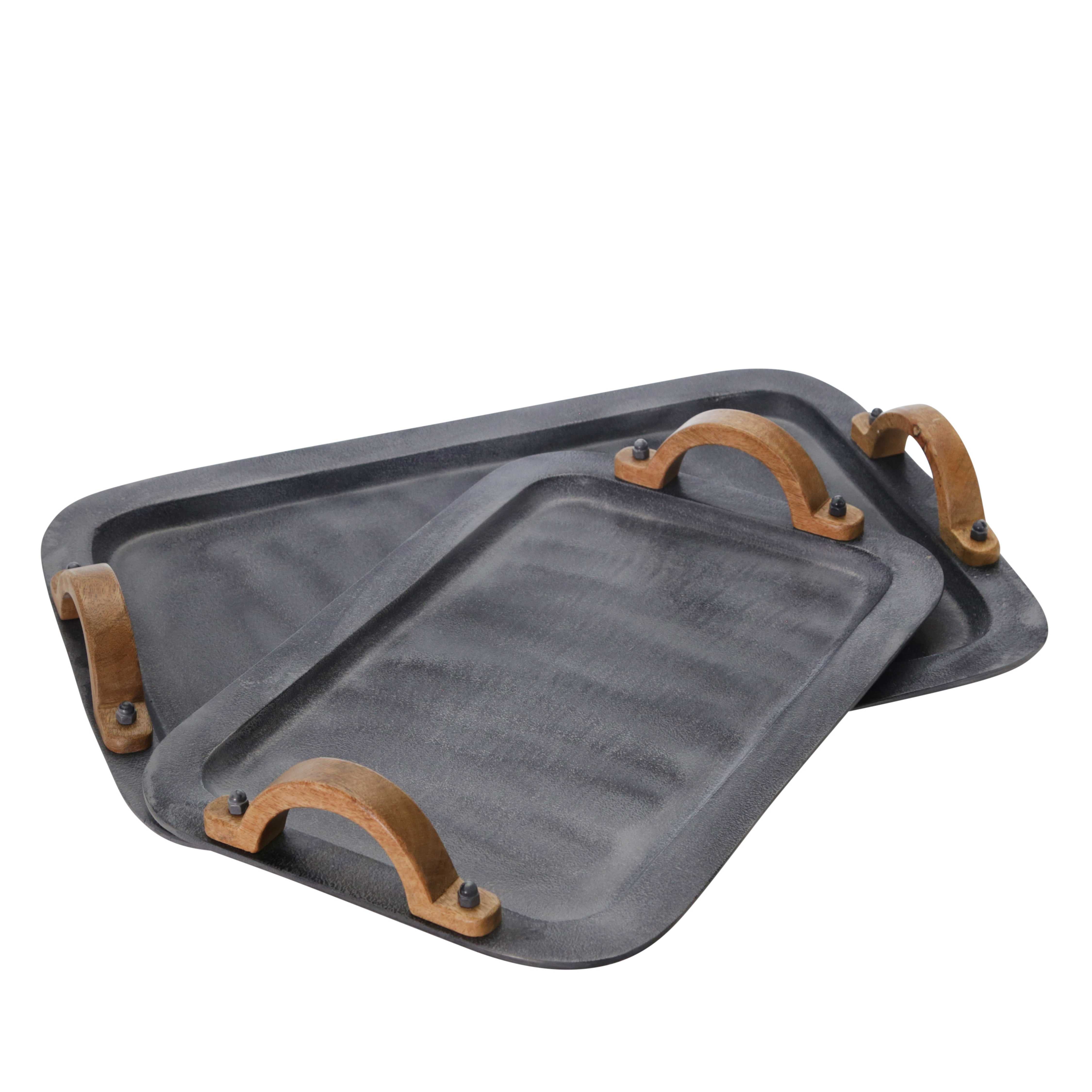 Transitional Metal Tray with Wooden Handle, Set of 2, Gray and Brown