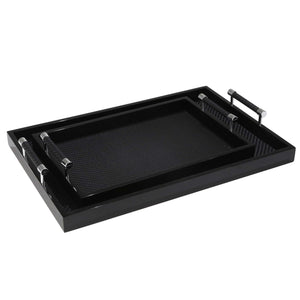 Rectangular Wooden Tray with Leatherette Base, Set of 2, Black