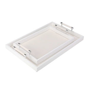 Rectangular Wooden Tray with Leatherette Base, Set of 2, White