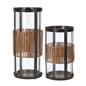 Cylindrical Metal and Glass Hurricane, Set of 2, Black and Brown