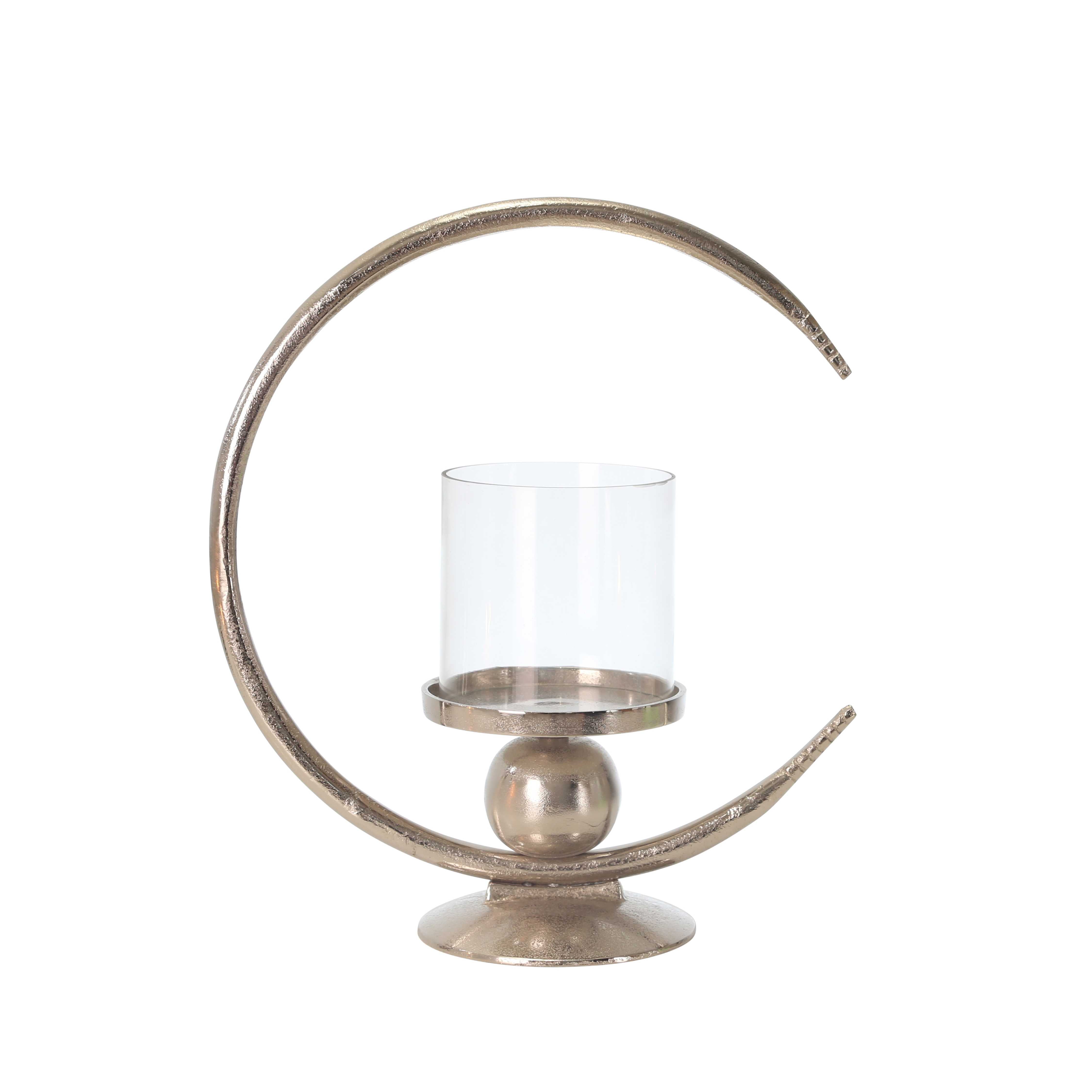 Metal Ring Candle Holder with Glass Hurricane, Small, Clear and Silver