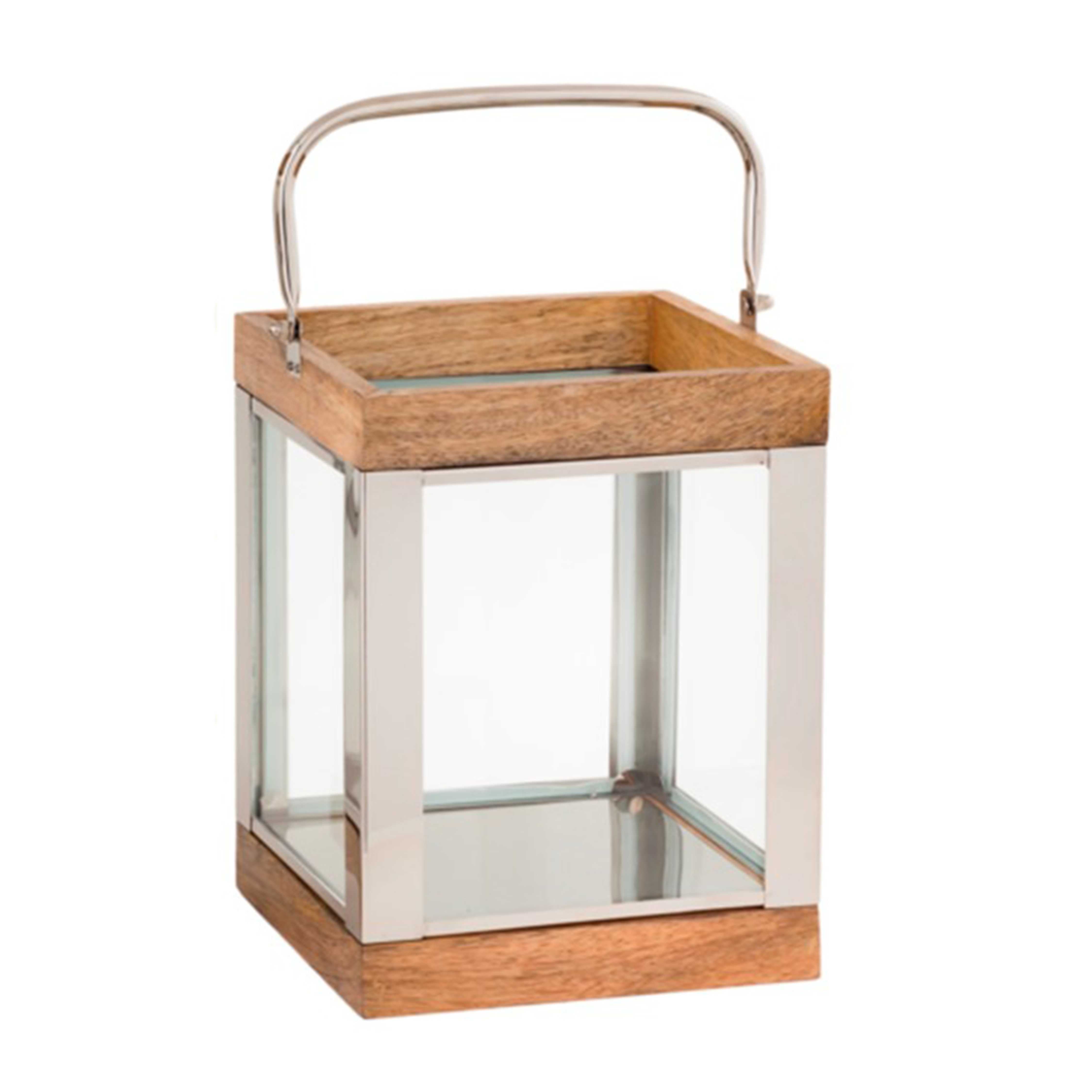 Wood and Metal Lantern with Glass Panel Inserts, Small,Brown and Clear