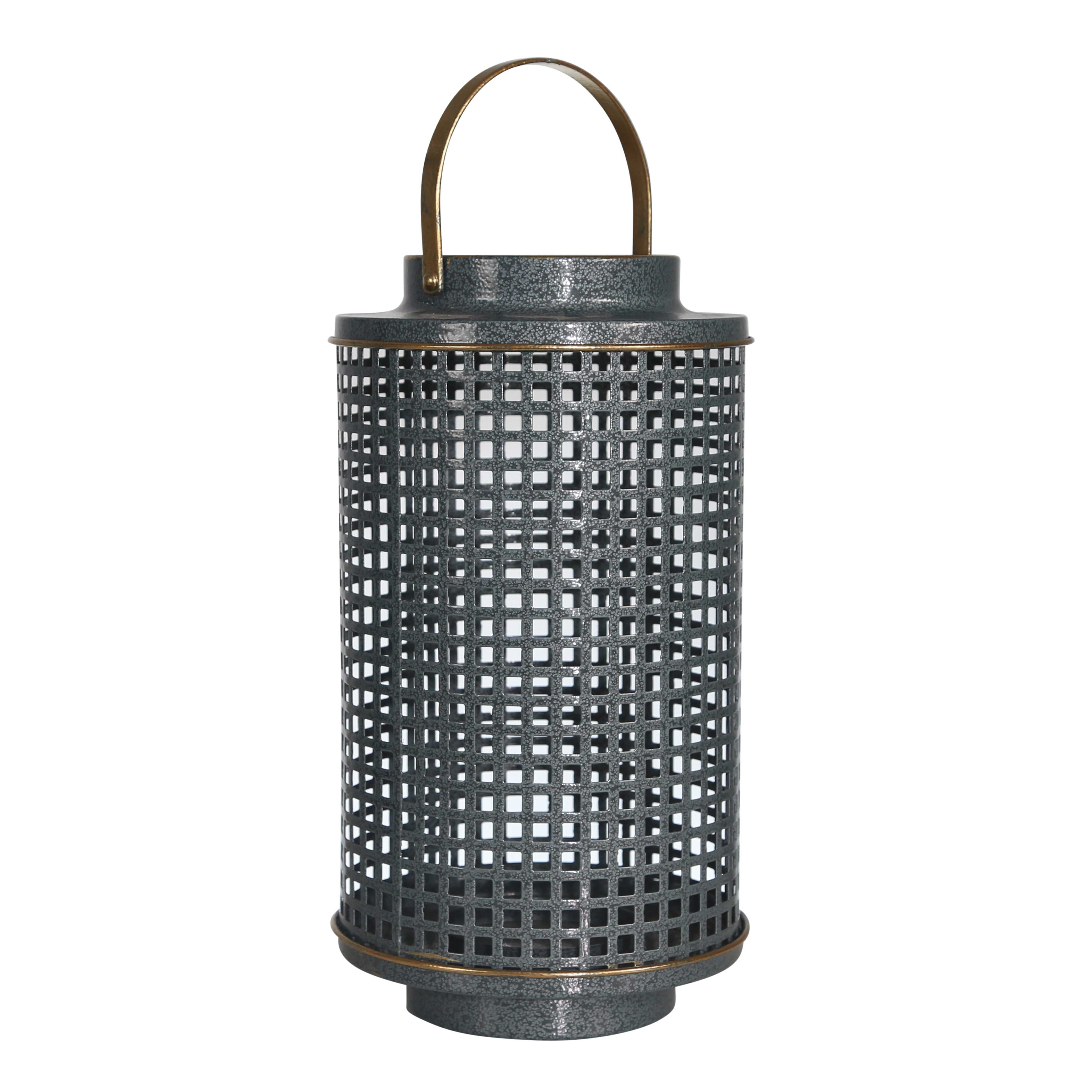 Metal Candle Holder with Grid Details, Small, Gray and Copper