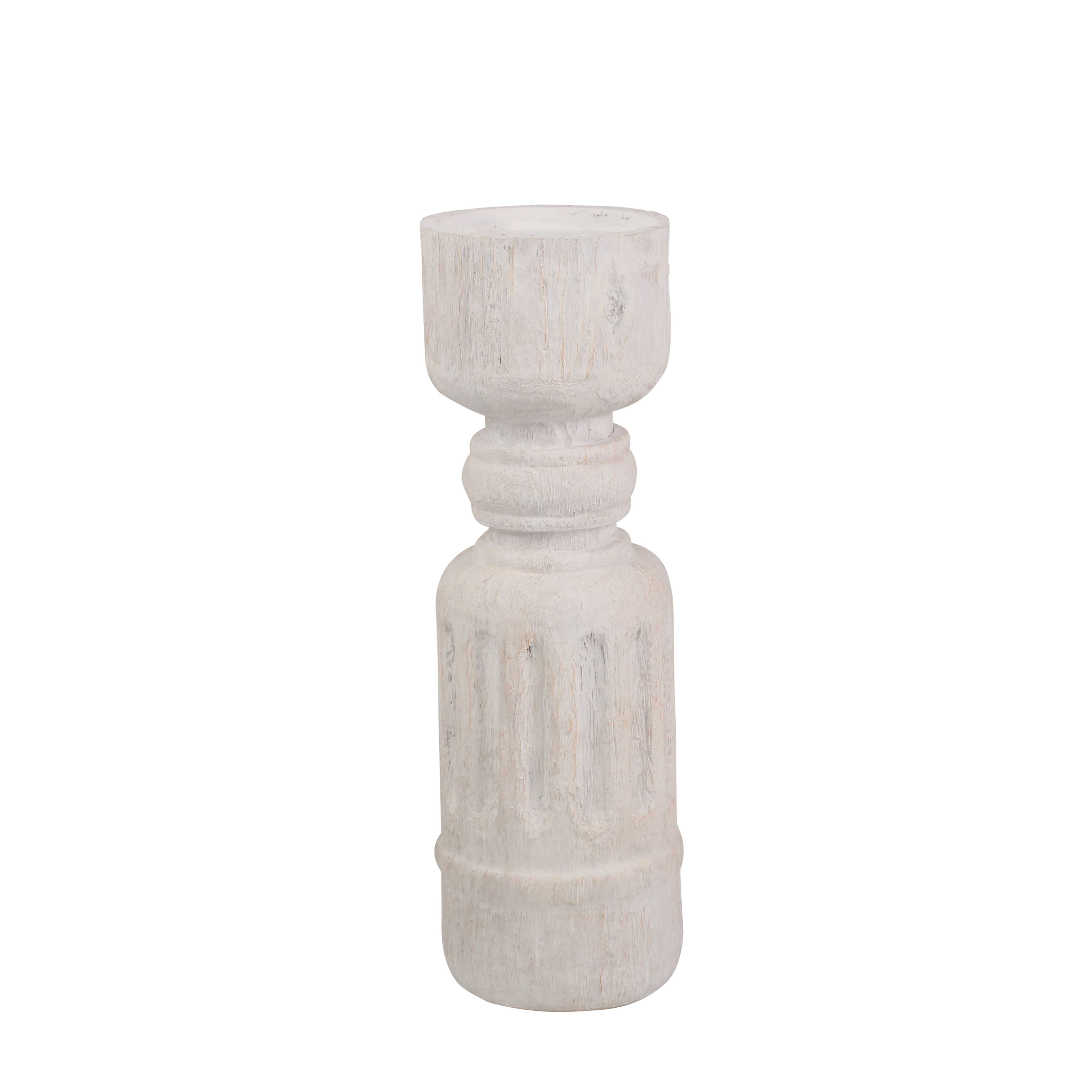 Decorative Polyresin Candle Holder with Fluted Textured Body, White