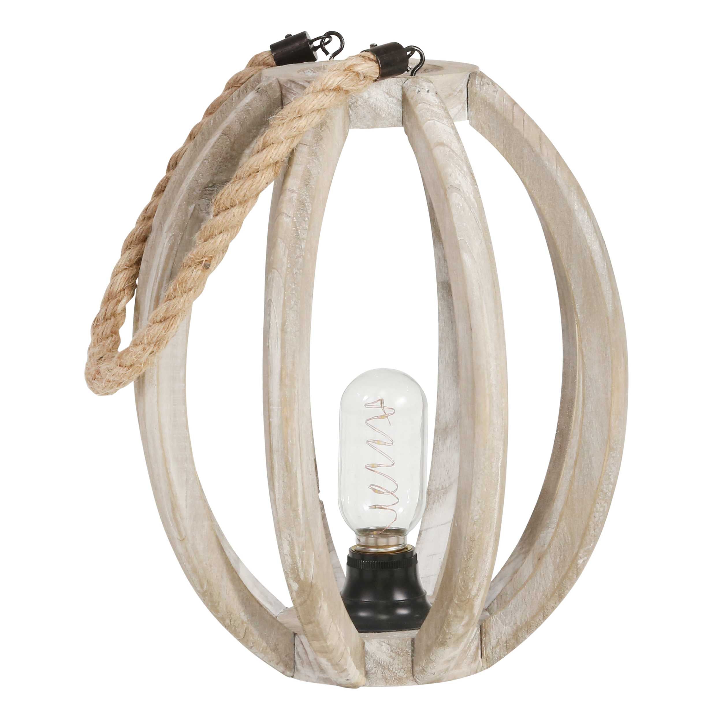 Oval Caged Wooden LED Lantern with Jute Rope, Small, Brown and Black