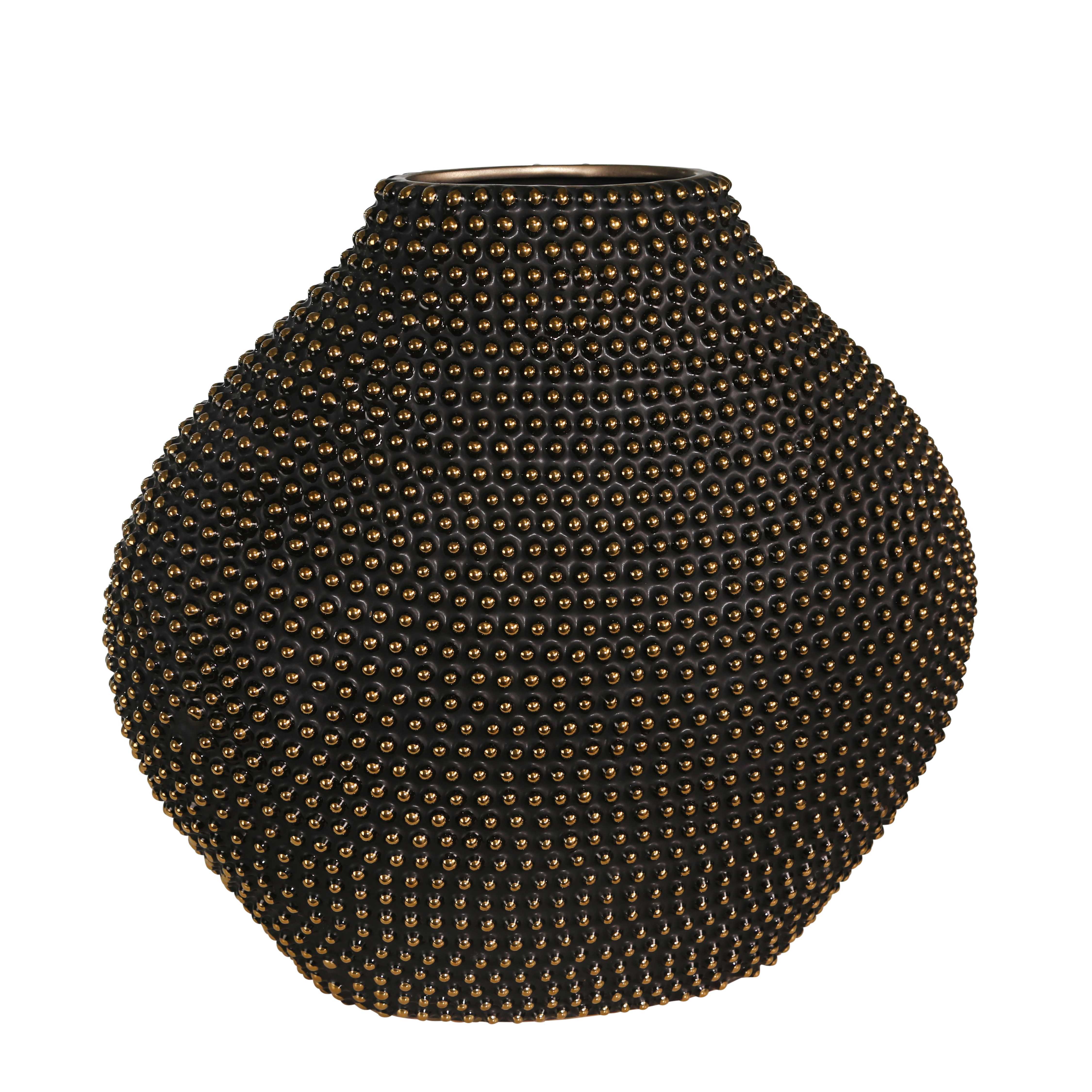 Bellied Honeycomb Ceramic Vase with Beaded Details, Black and Gold