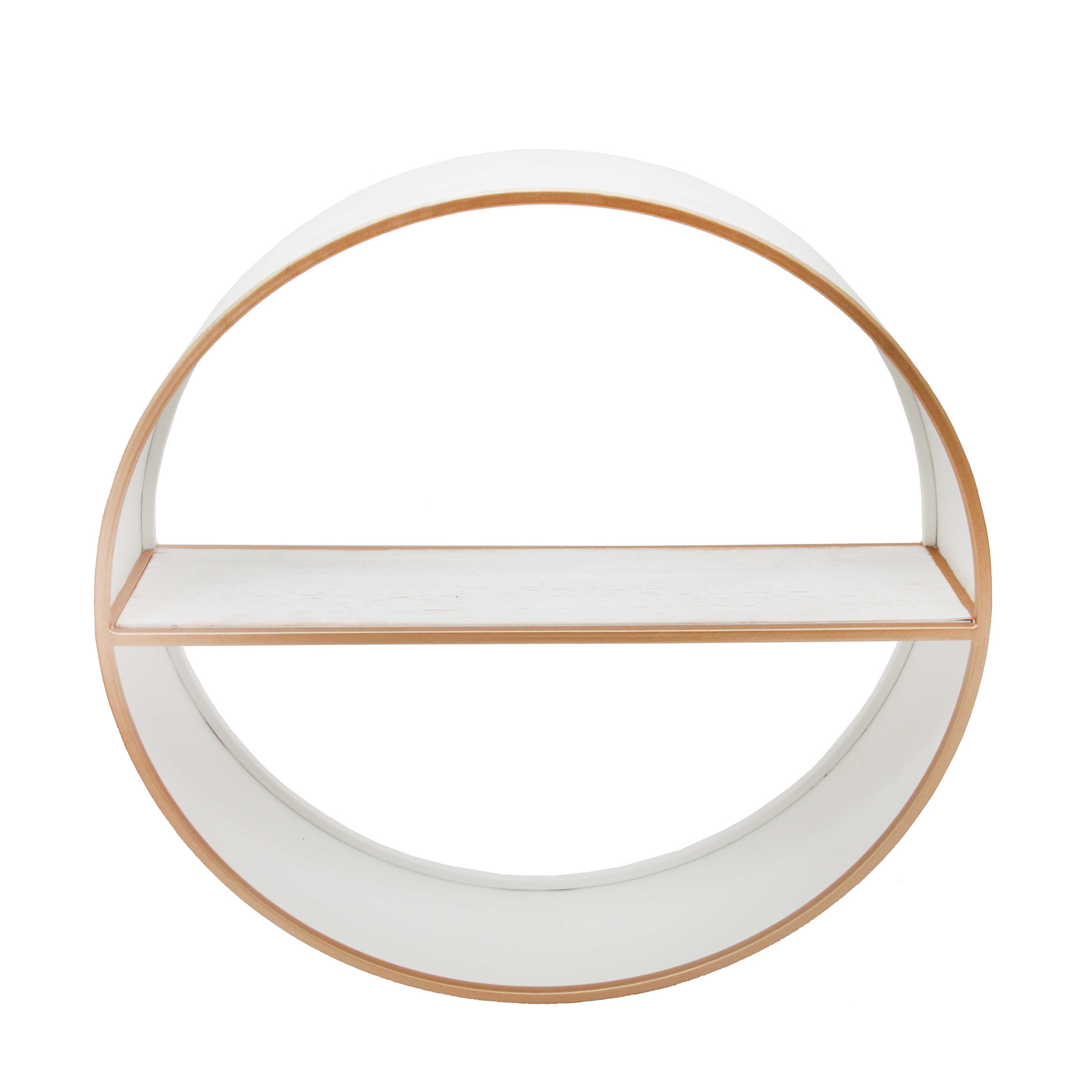 Wood and Metal Round Wall Shelf with One Open Shelf, White and Gold