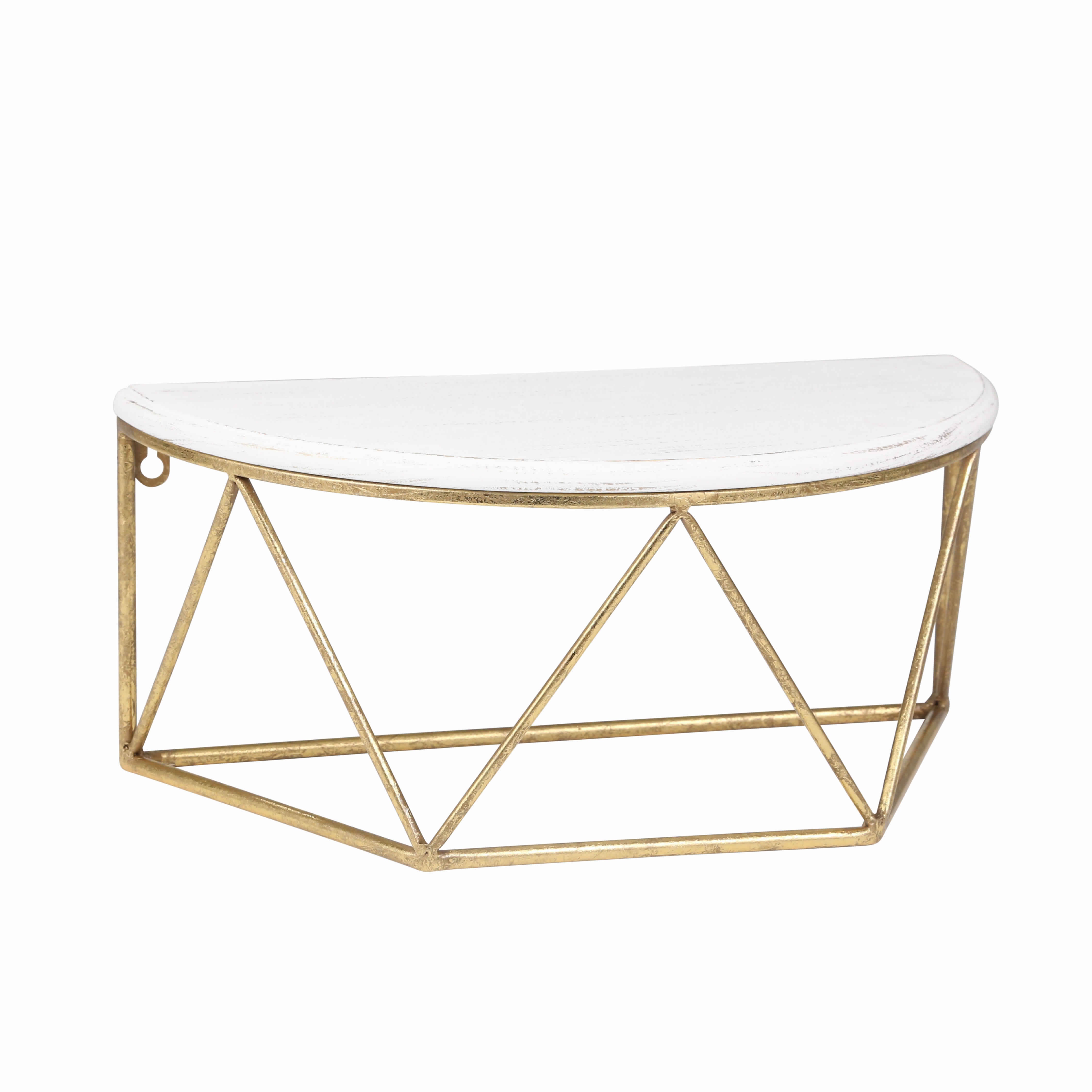 Wood and Metal Wall Shelf with Half Moon Shaped Top, White and Gold