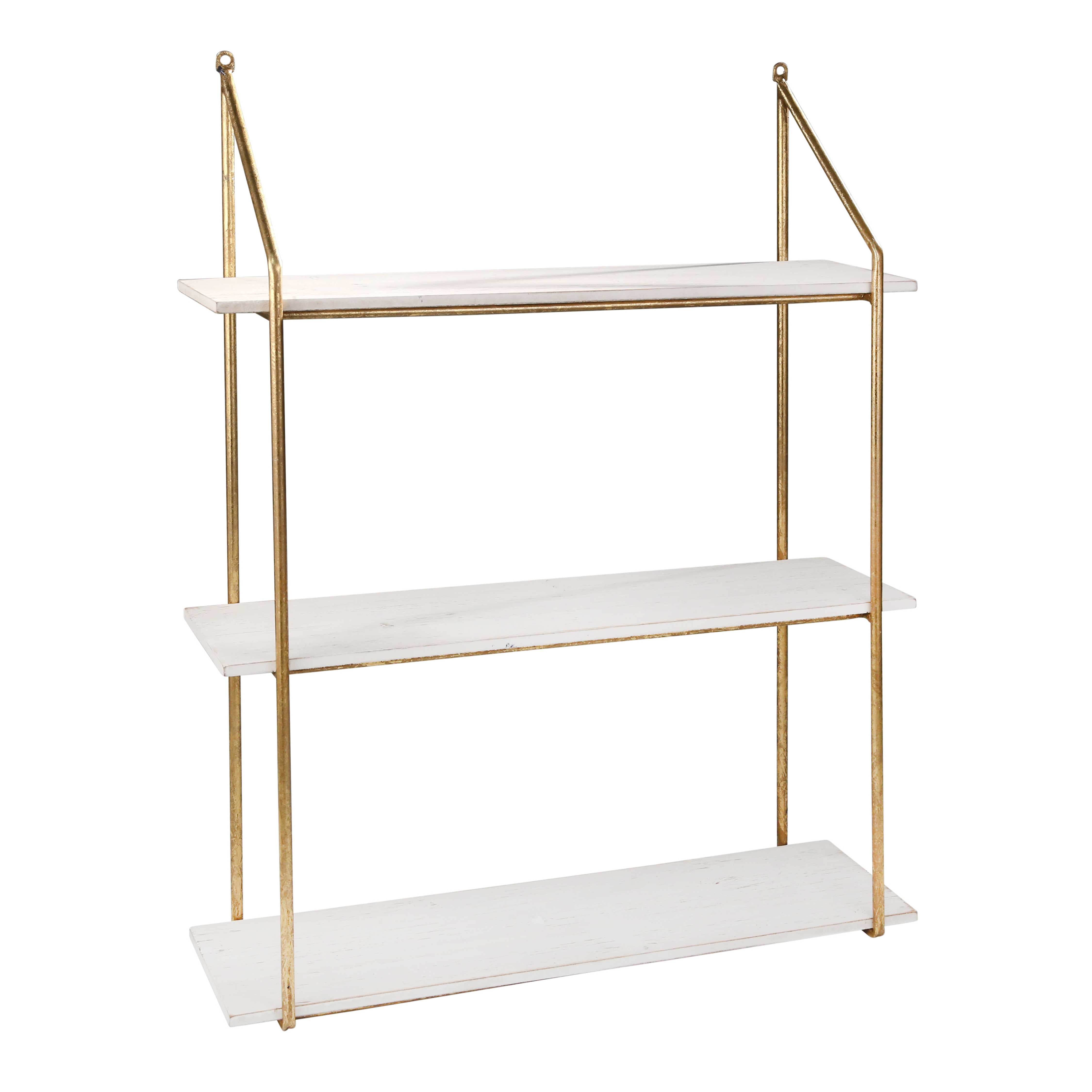 Contemporary Wood and Metal 3 Tier Wall Shelf, White and Gold