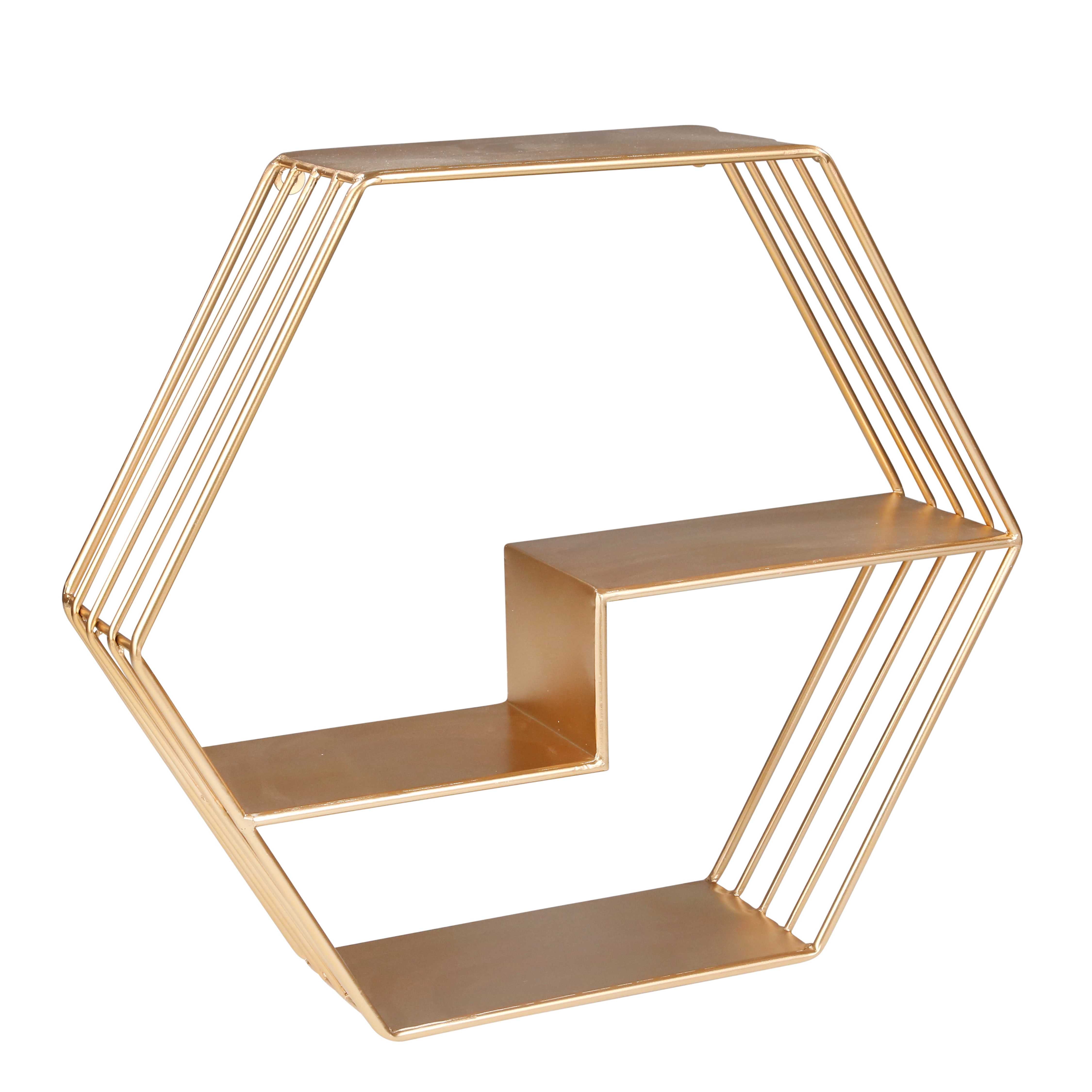 Metal Hexagonal Shape Storage Wall Shelf with 3 Open Shelves, Gold