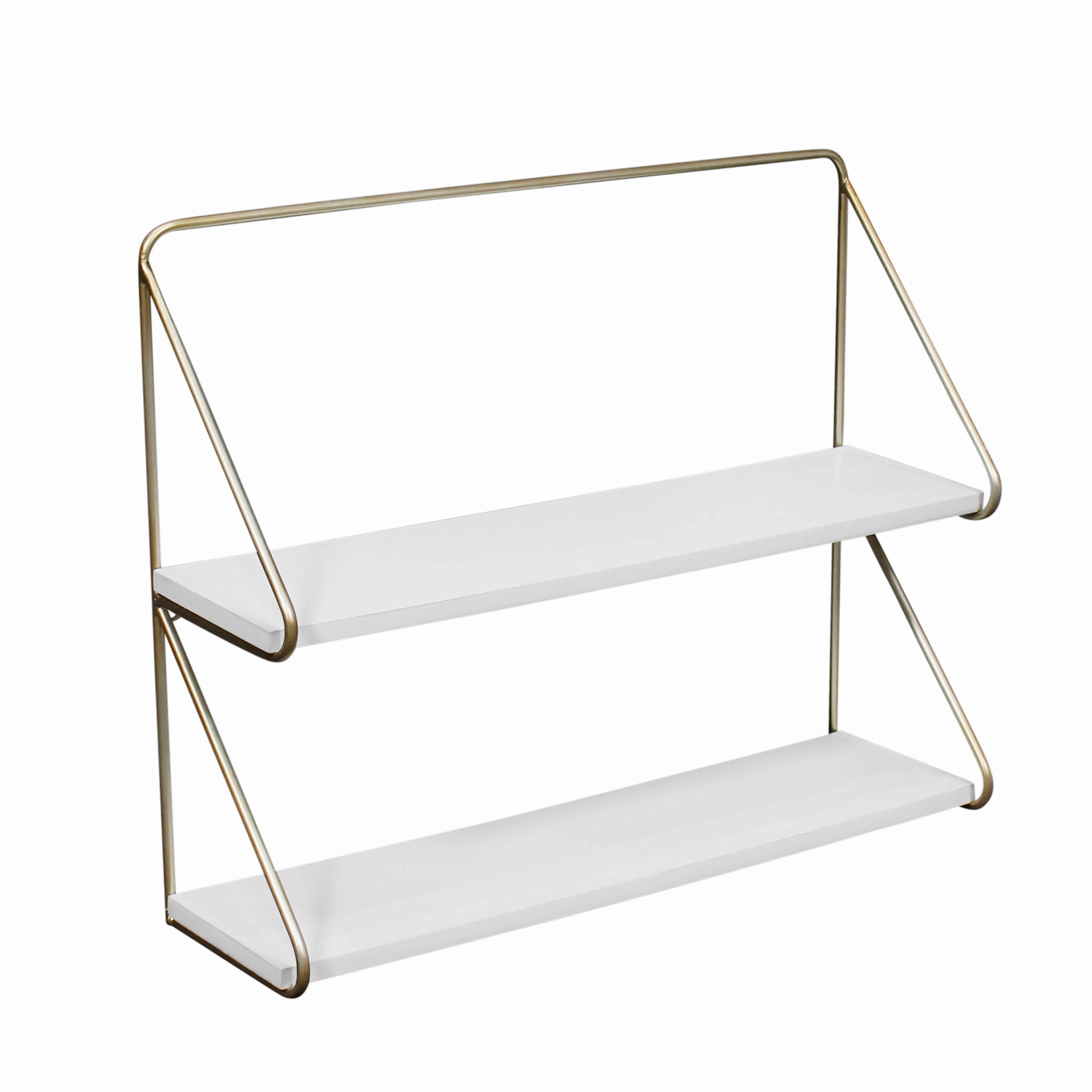 Contemporary Wood and Metal Ornate 2 Tier Wall Shelf, White and Gold