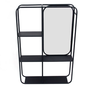 Transitional Vertical Metal Wall Shelf with Mirror, Black and Silver