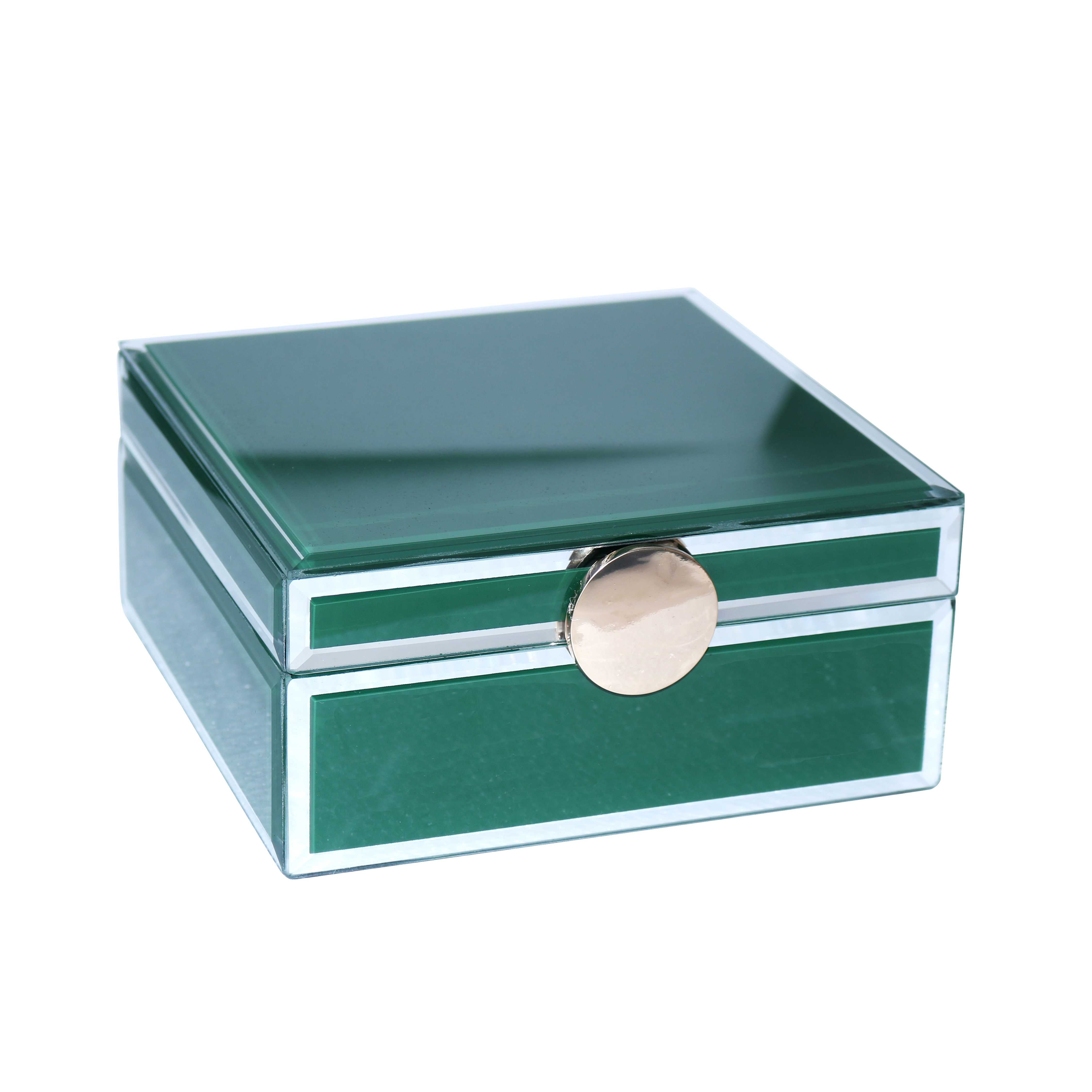 Square Glass Panel Wooden Jewelry Box with Round Knob,Green and Silver