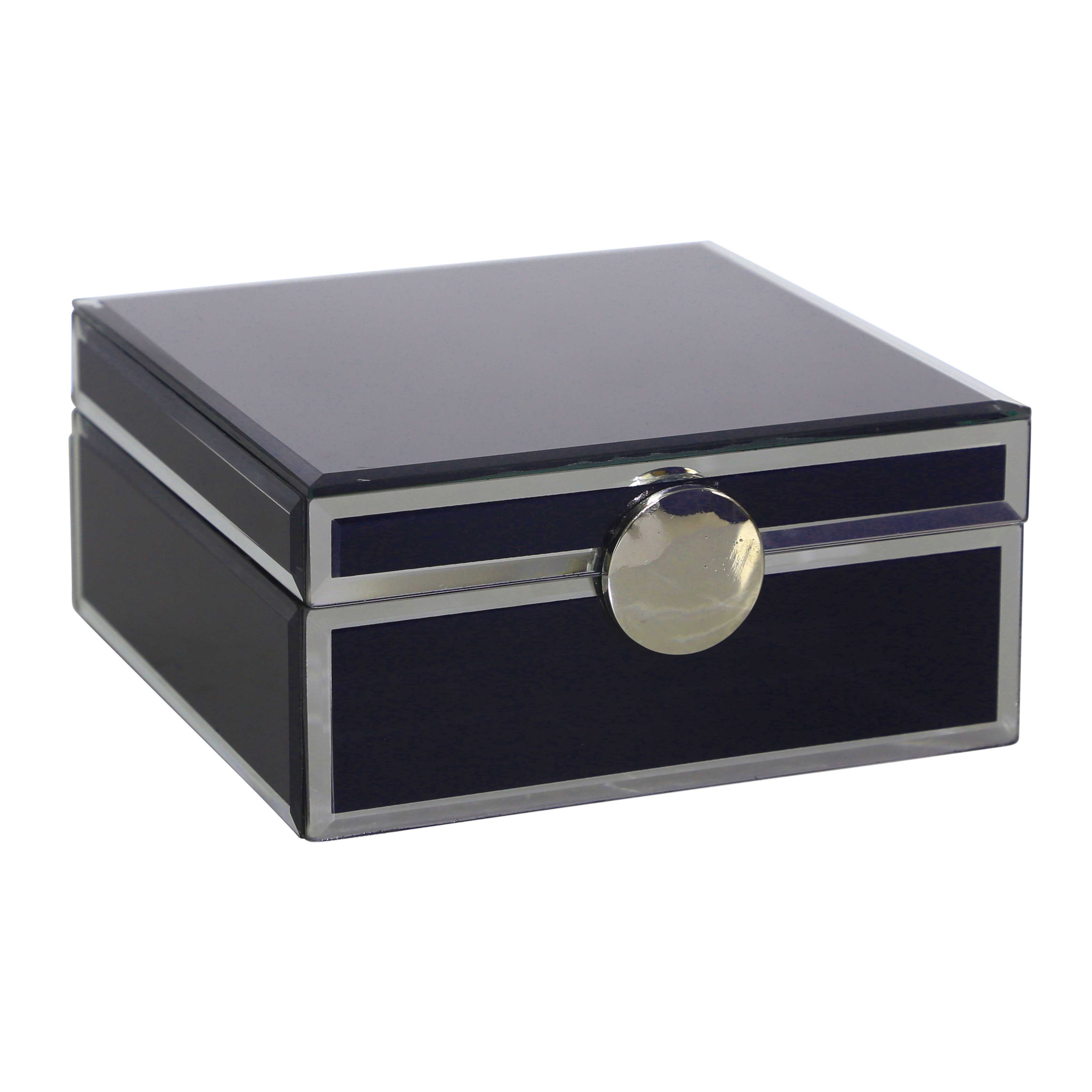 Square Glass Panel Wooden Jewelry Box with Round Knob,Black and Silver