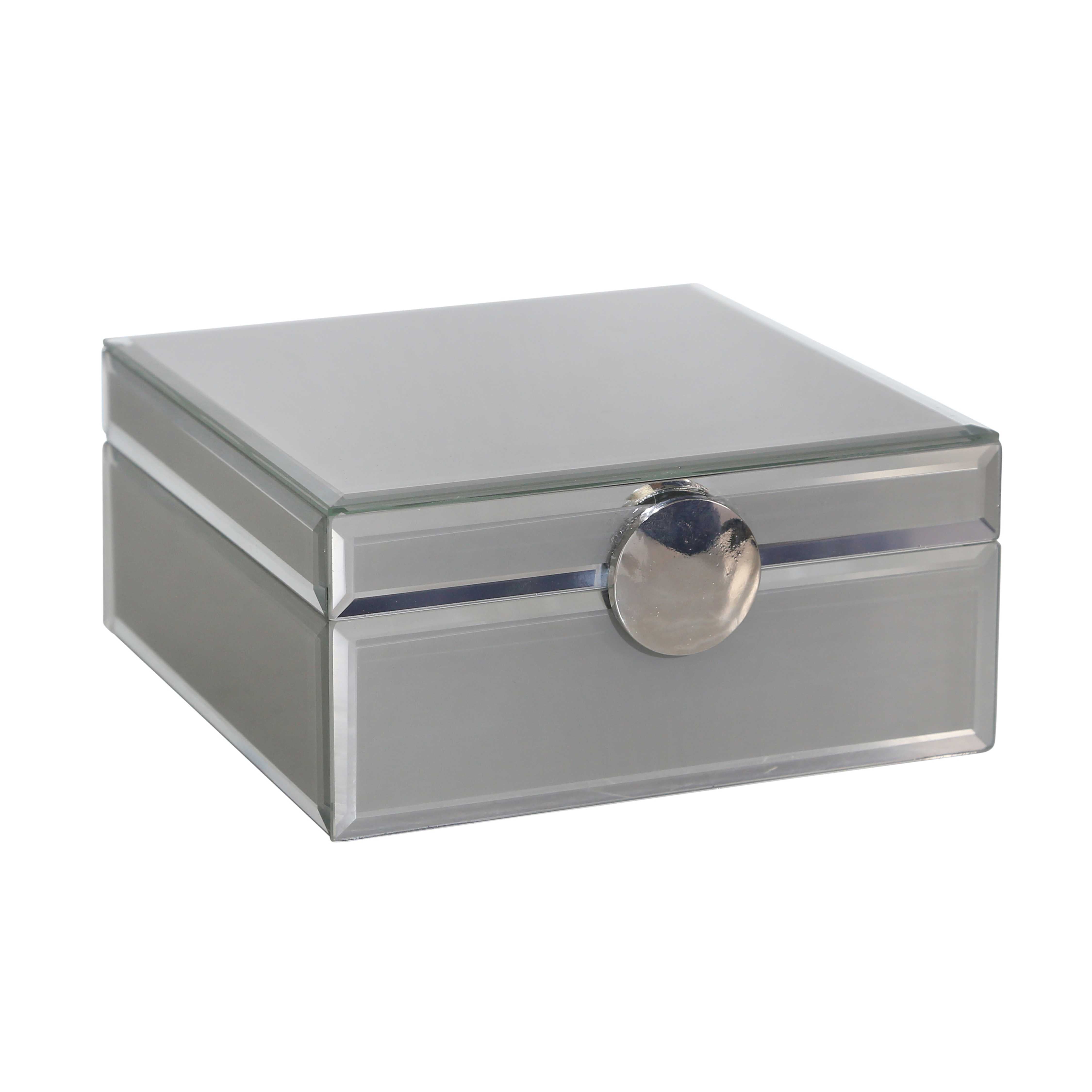 Square Glass Panel Wooden Jewelry Box with Round Knob, Gray and Silver