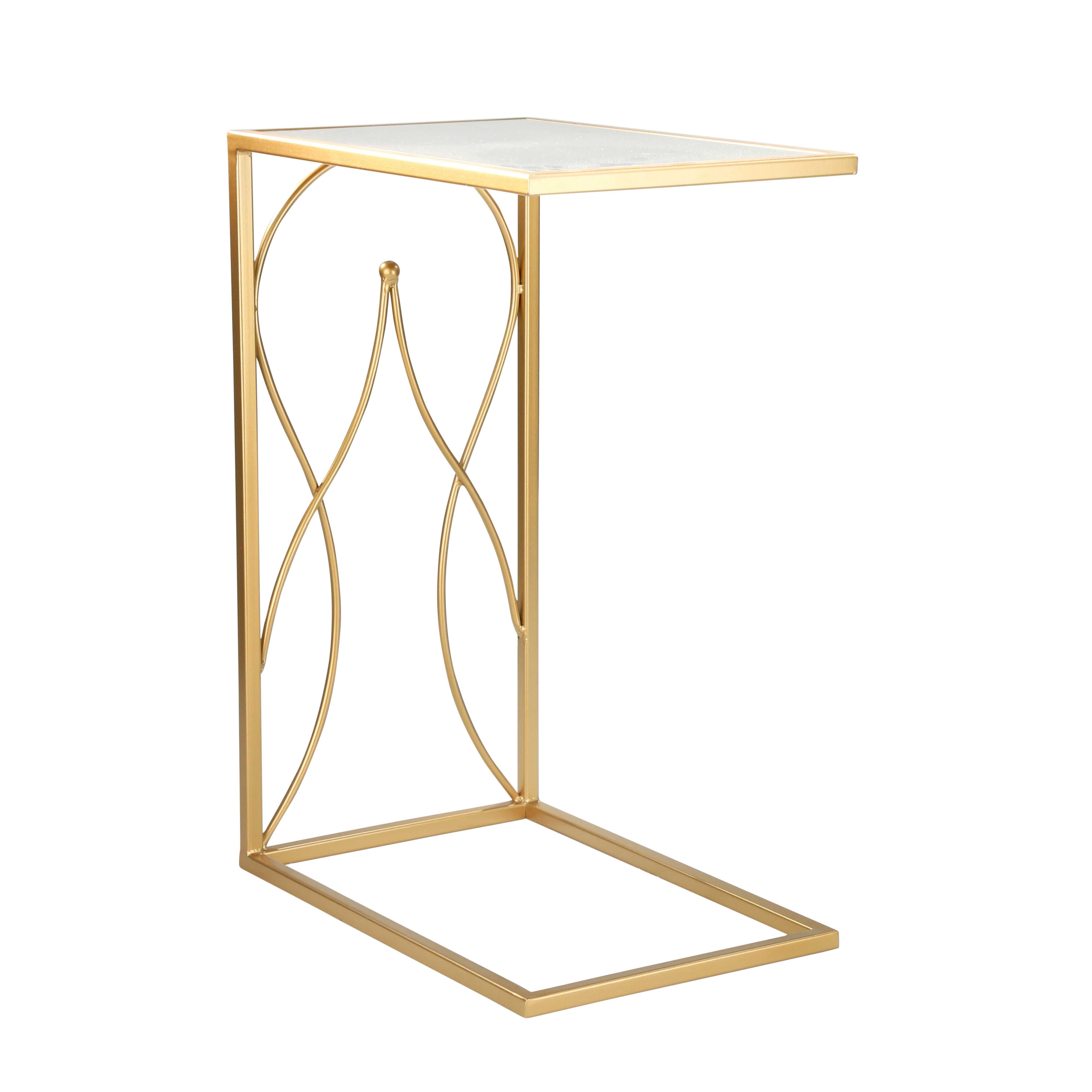 Metal Accent Table with C Shaped Structure, Gold and Silver