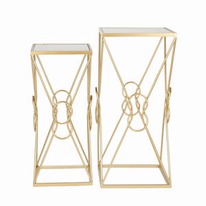 Metal Accent Tables with Square Mirror Top, Set of 2, Gold and Silver