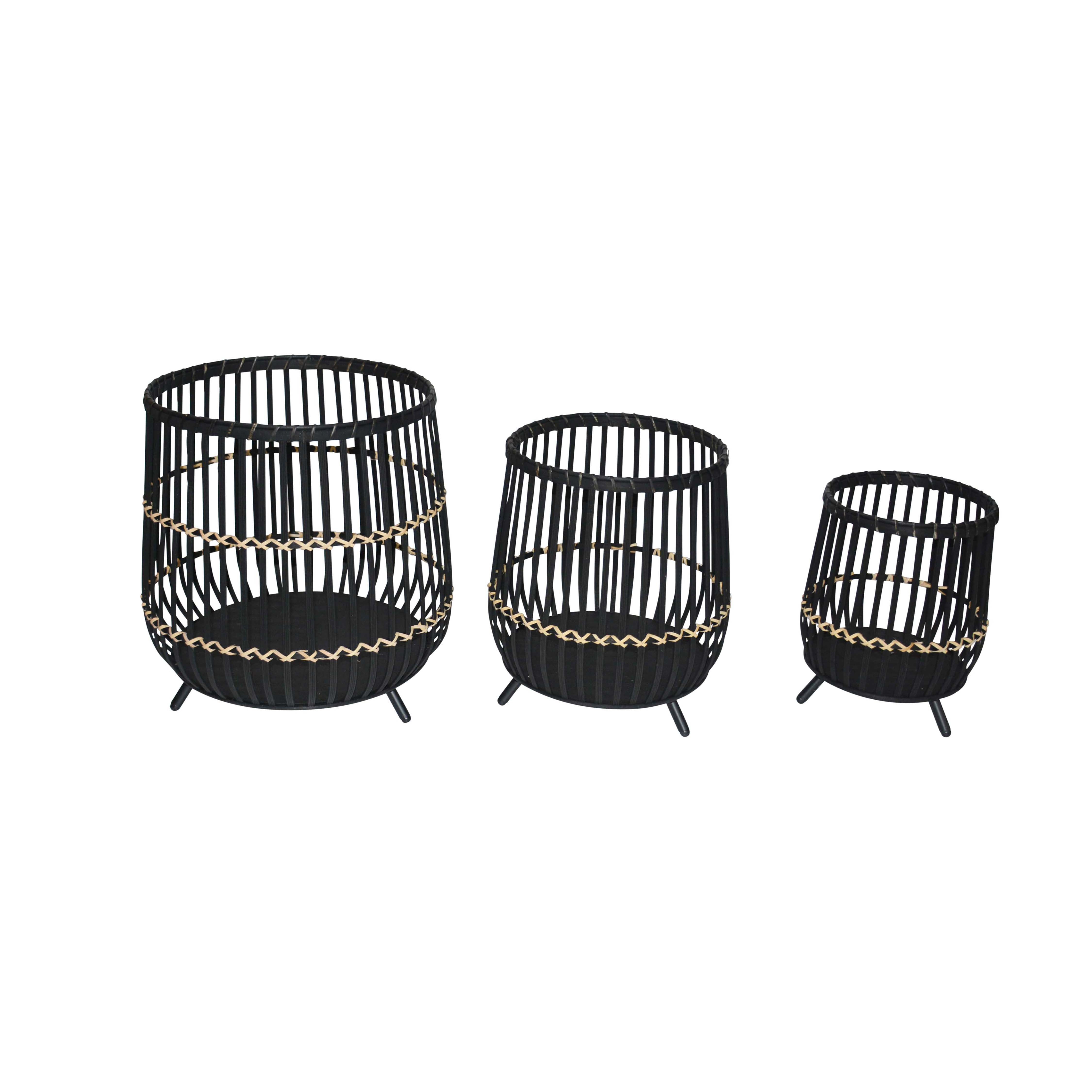 Drum Shaped Open Cage Bamboo Planter with Angled Legs, Set of 3, Black