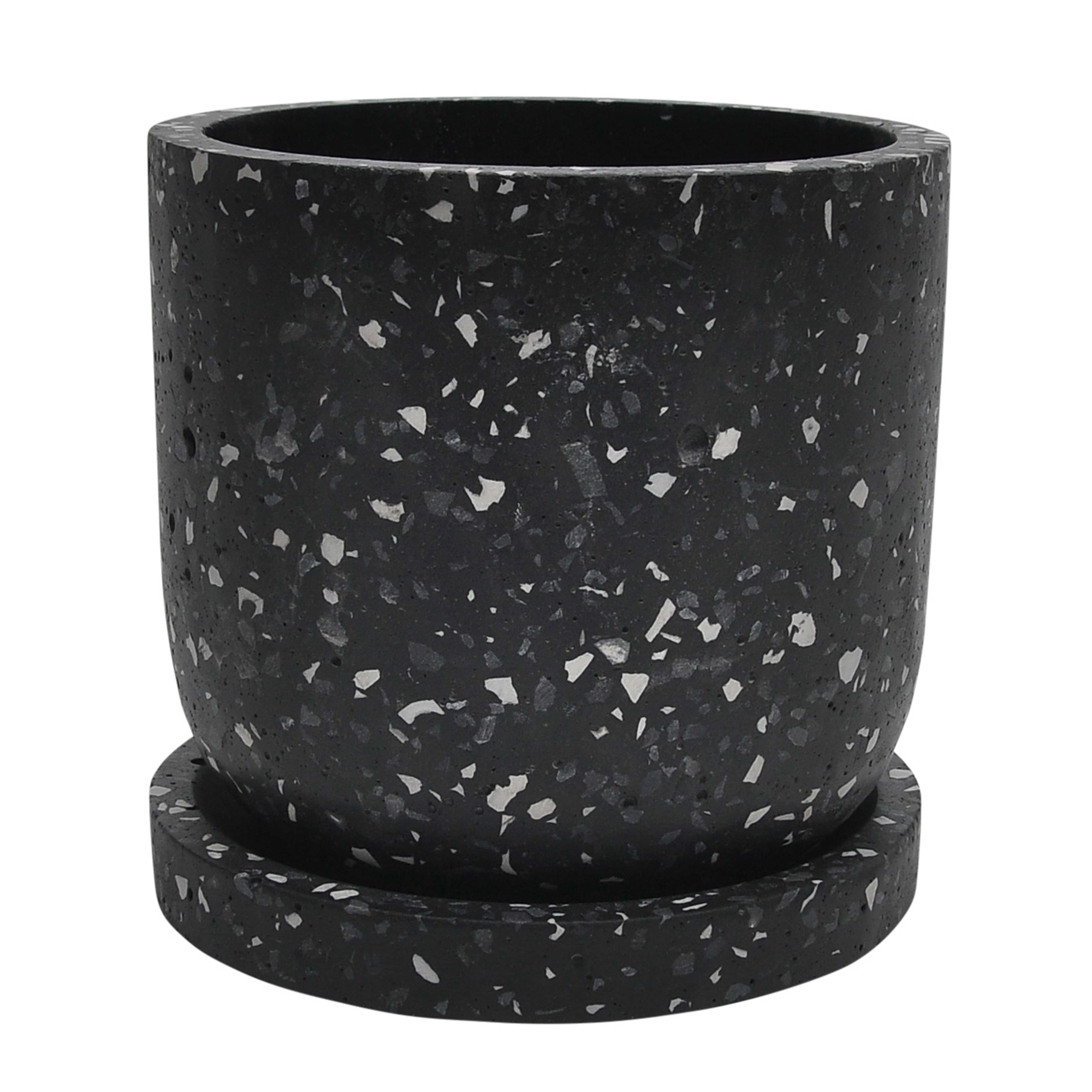 Mosaic Round Textured Cement Planter with Saucer, Small, Black