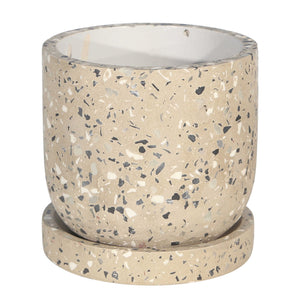 Mosaic Round Textured Cement Planter with Saucer, Small, Beige